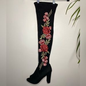 Floral thigh high open toe boot heels